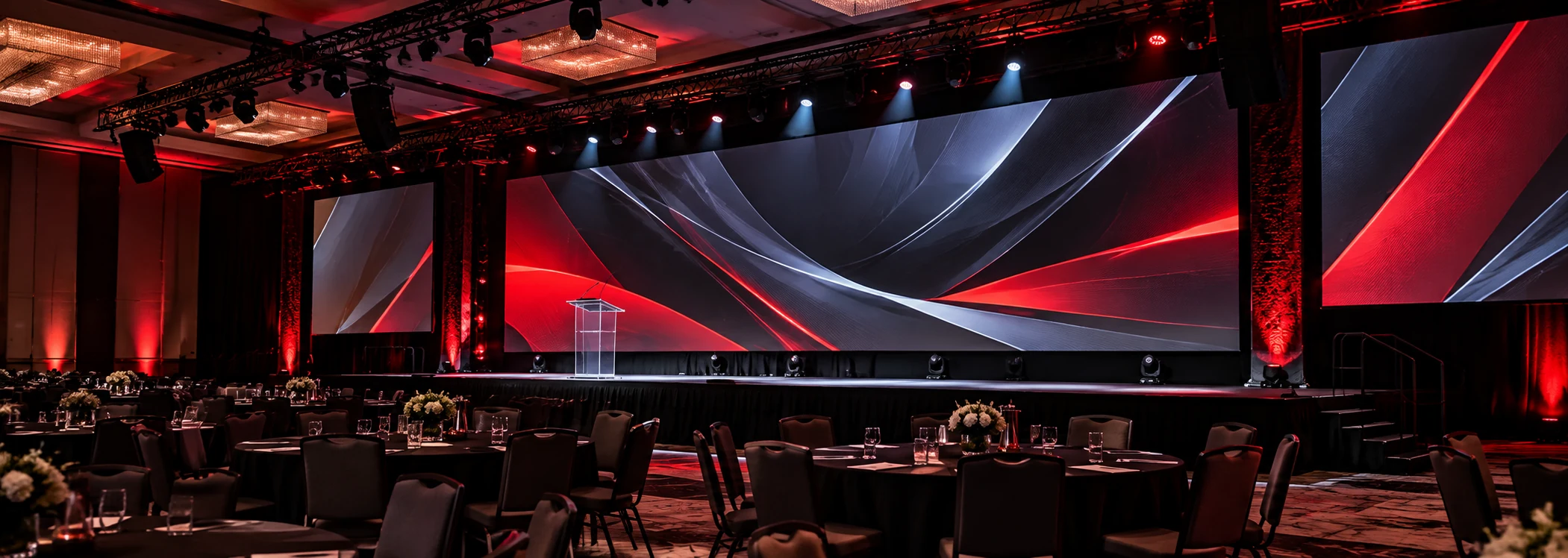 Corporate AV ballroom with LED video wall in RnM red, black and silver branding